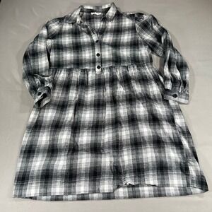 Beach Lunch Lounge Black & White Plaid Babydoll Dress M Flannel Long Sleeve